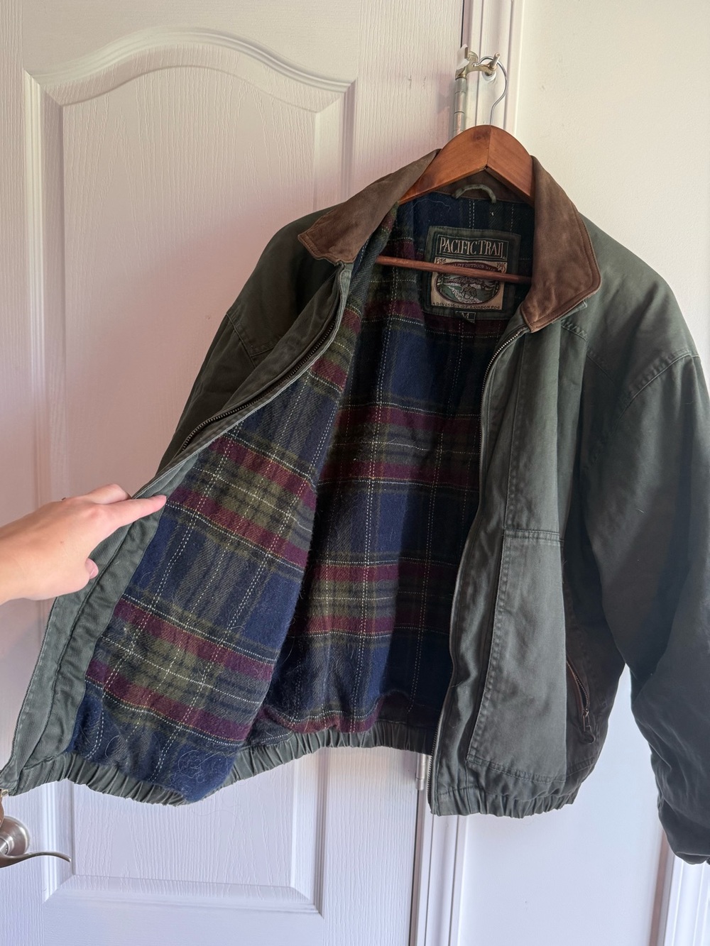 Pacific Trail Olive plaid lined Jacket with Brown leather Collar